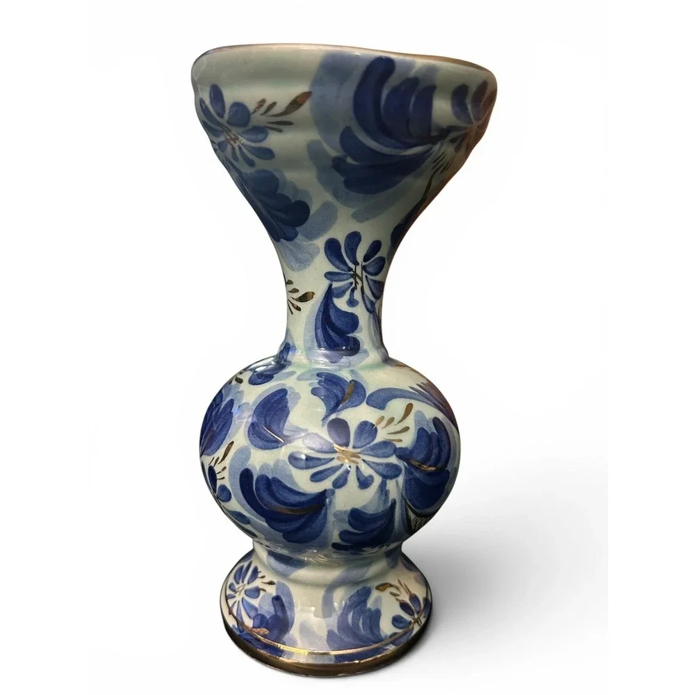 H. Bequet Quaregnon Belgium Hand Painted Blue White Ewer Gold Scroll Handle